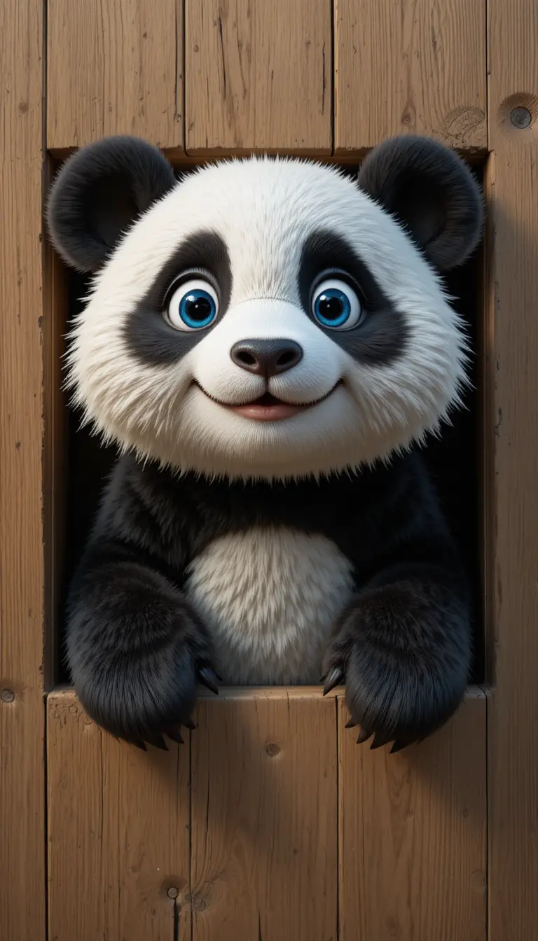 Panda 3D fofo saindo de um retângulo de madeira