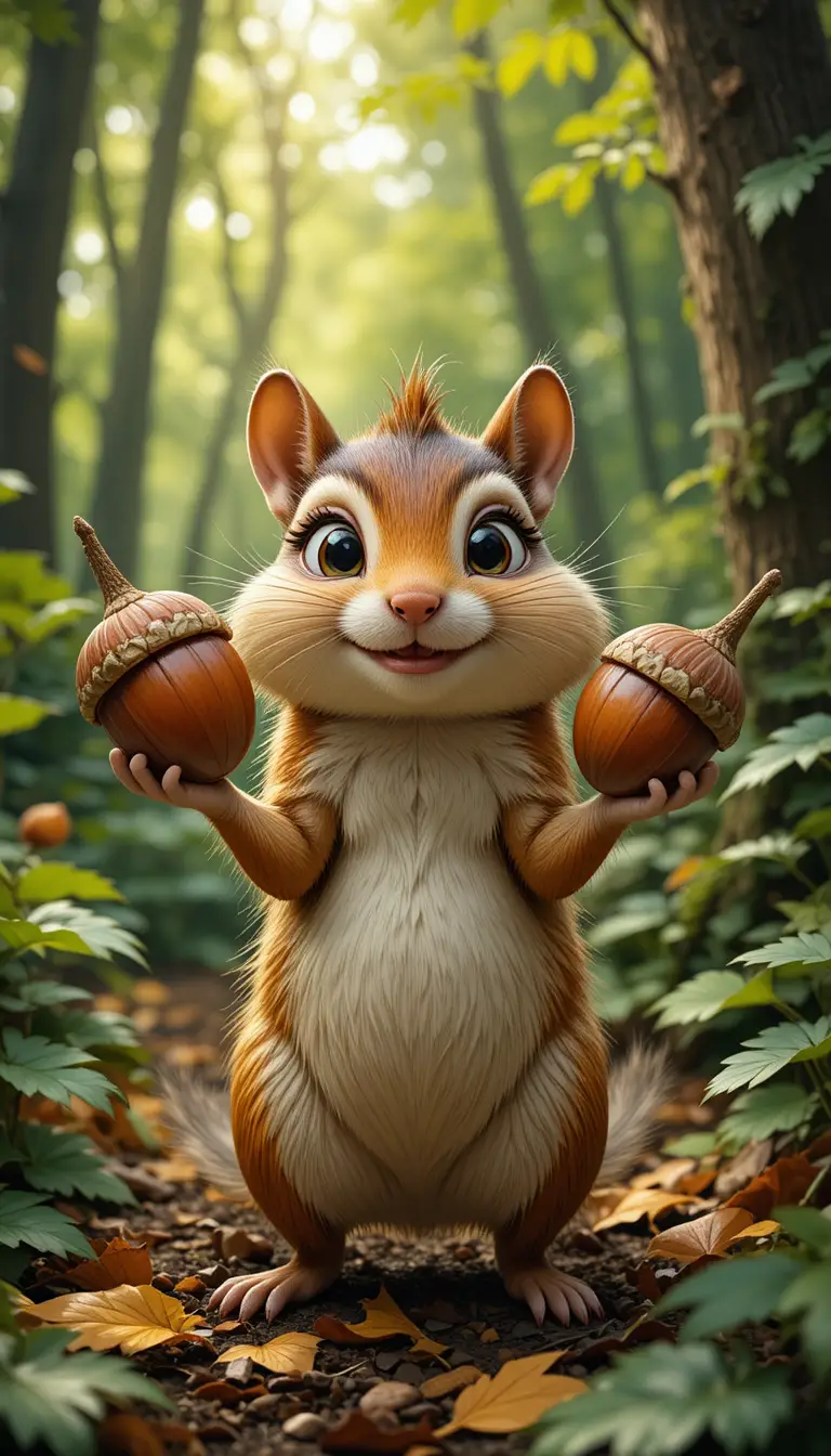 夏の森で巨大なドングリを抱える楽しそうなシマリス
