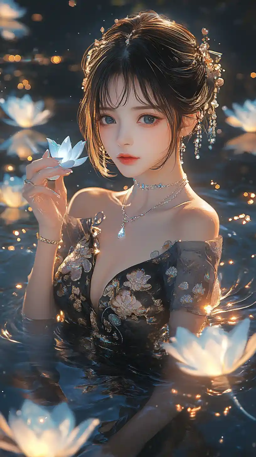 Elegant anime woman in black cheongsam by glowing lotus