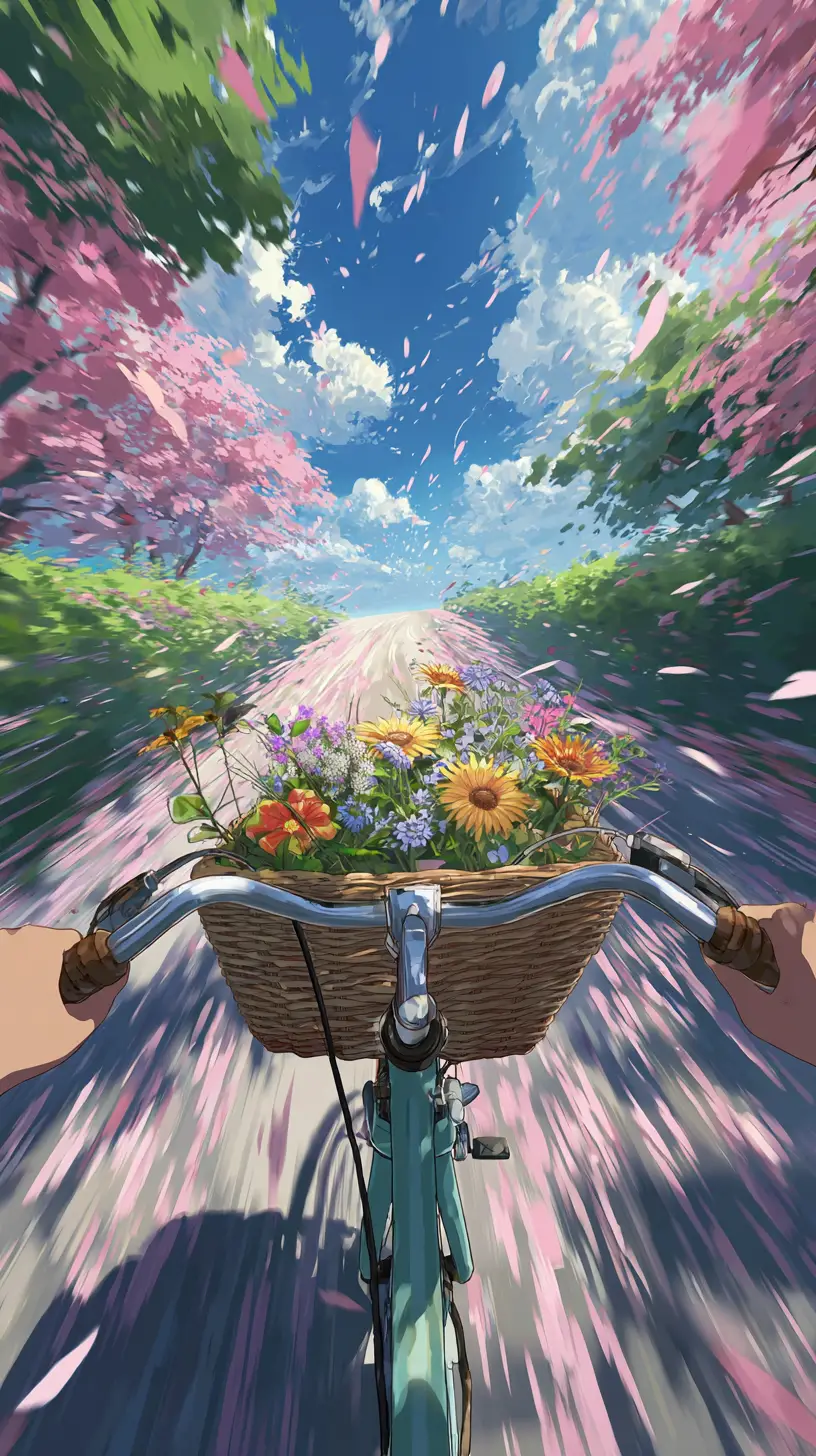 第一人稱視角騎著公路車穿越盛開櫻花隧道