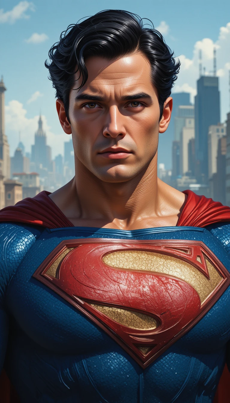 Retrato de super‑herói com cidade desfocada ao fundo