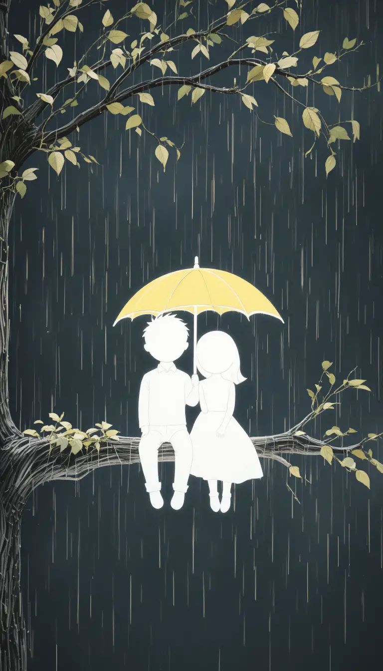 黃傘下雨中樹枝上的素描情侶