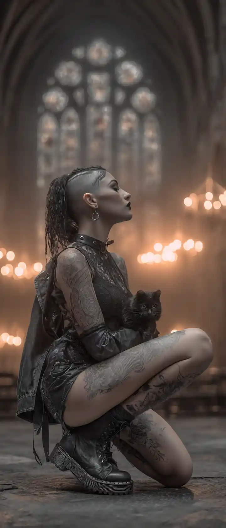 Donna gotica in ginocchio con gattino in una chiesa illuminata da candele