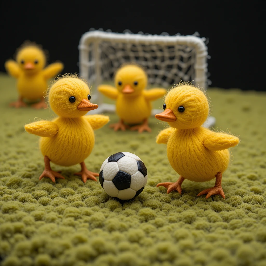 Patinhos de lã fofos jogando futebol em um minúsculo campo de fio