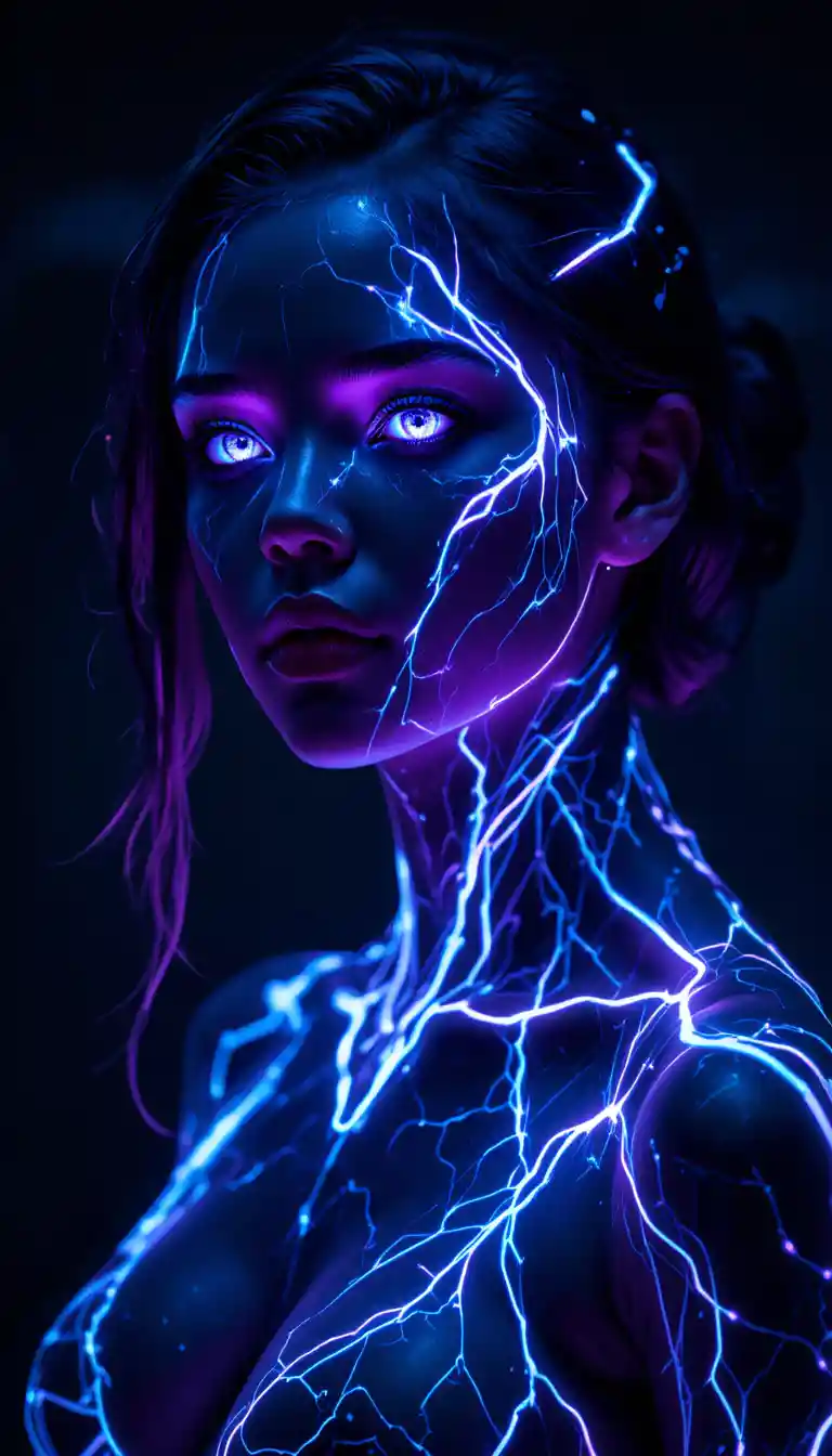 Futuristische Cyberpunk-Frau mit leuchtenden Neon-Energielinien