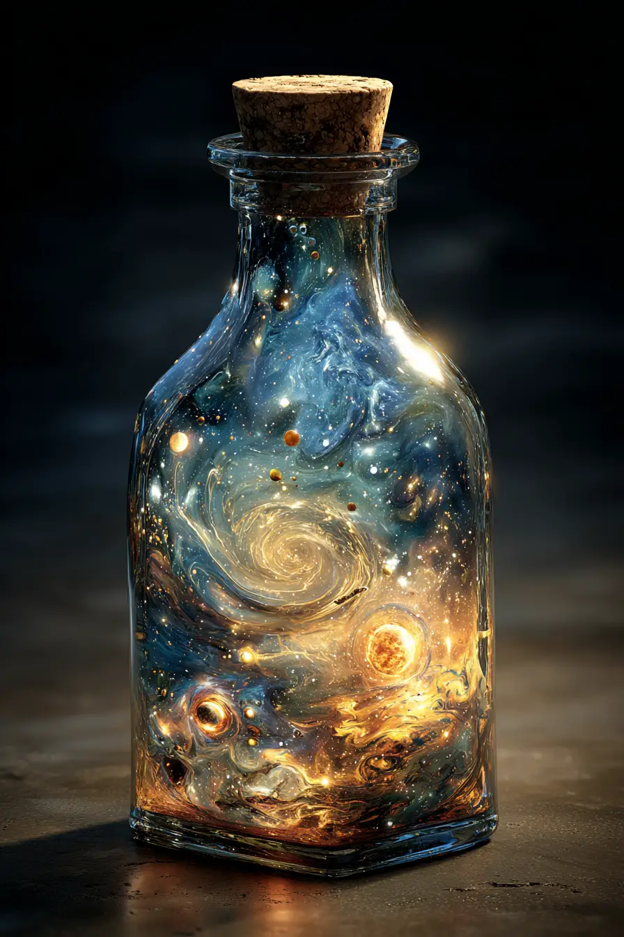 Glass bottle containing a glowing cosmic universe inside