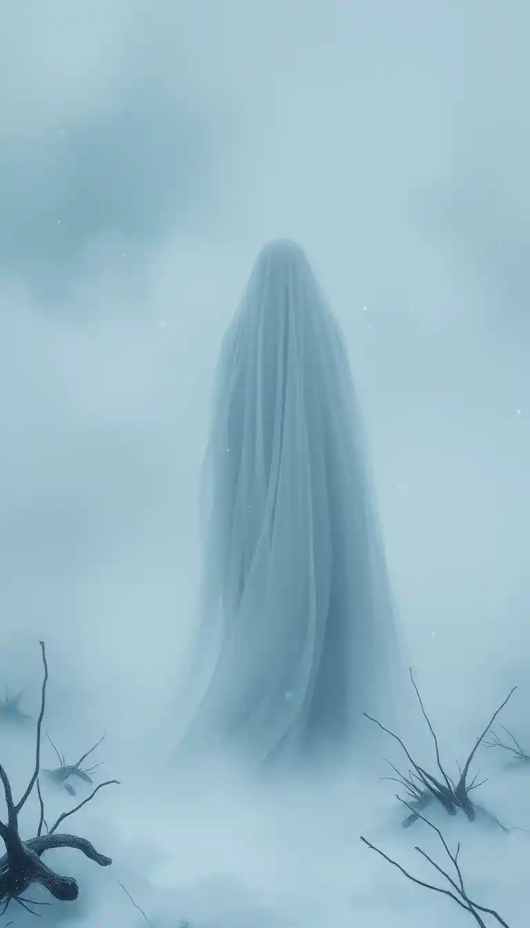 静寂の雪原に佇むベールをまとった人物
