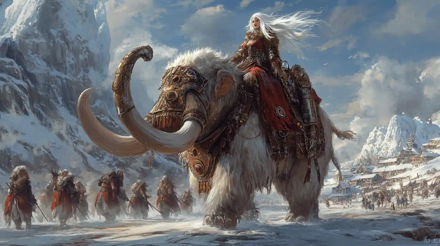 Steampunk-Barbarin auf einem Wollmammut nach Norden reitend