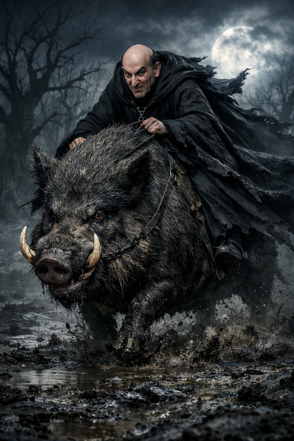 Dark wizard riding a boar through a haunted wasteland
