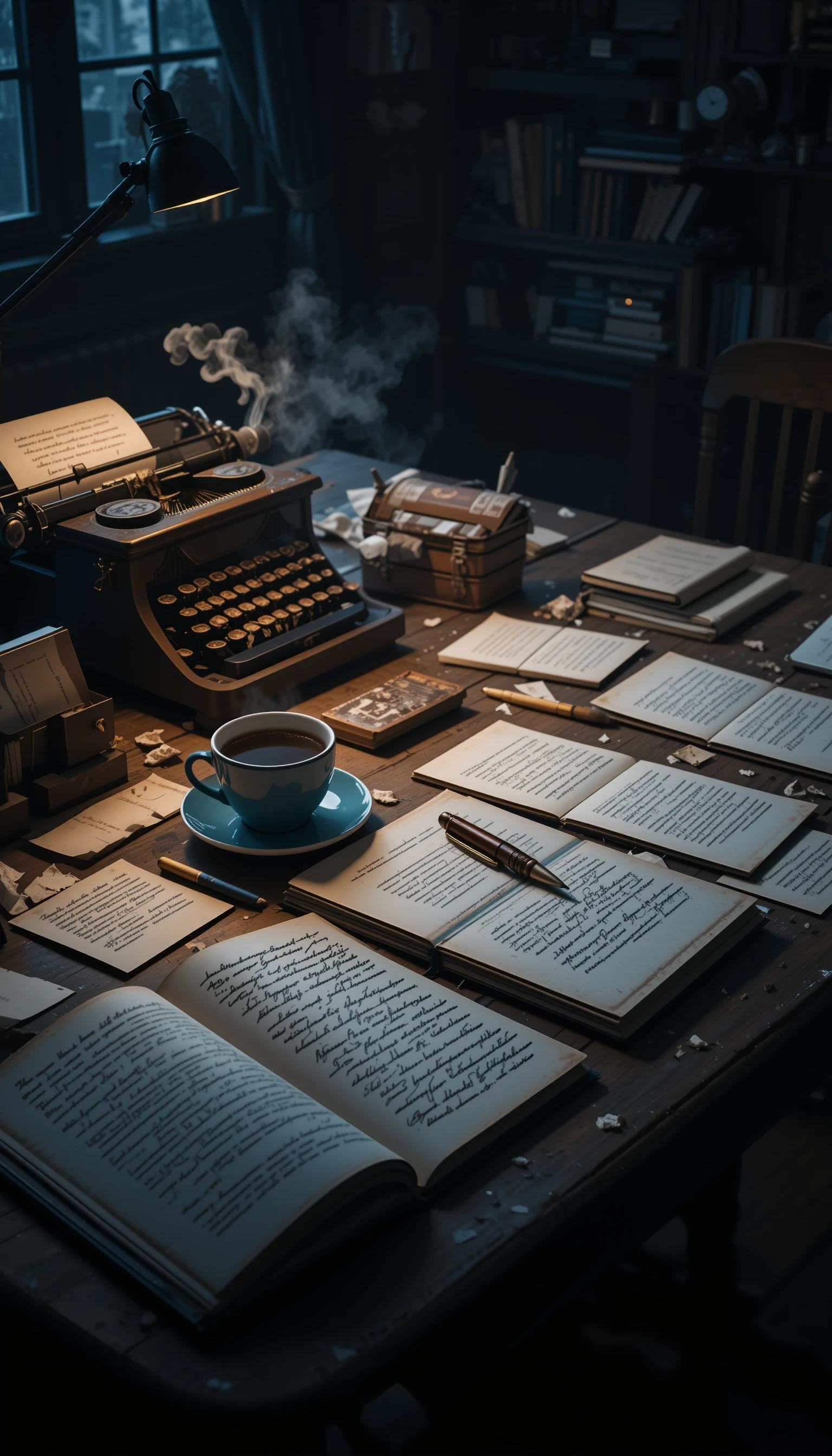 Escritorio de escritor de noche con lámpara, café y máquina de escribir
