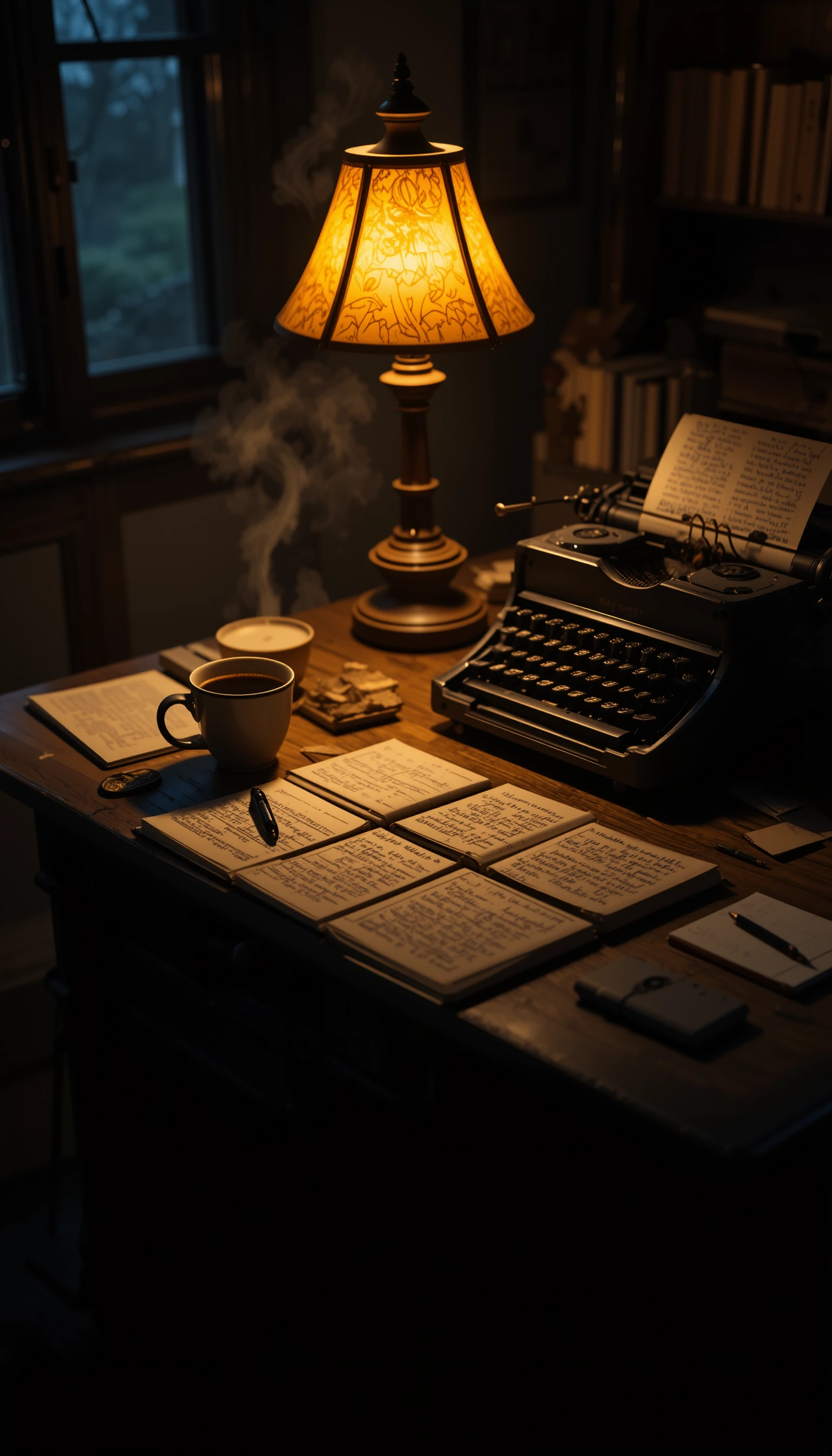 Acogedor escritorio nocturno con lámpara y máquina de escribir vintage