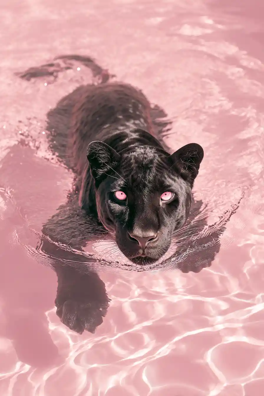 Léopard aux yeux roses émergeant d’une eau rose surréaliste