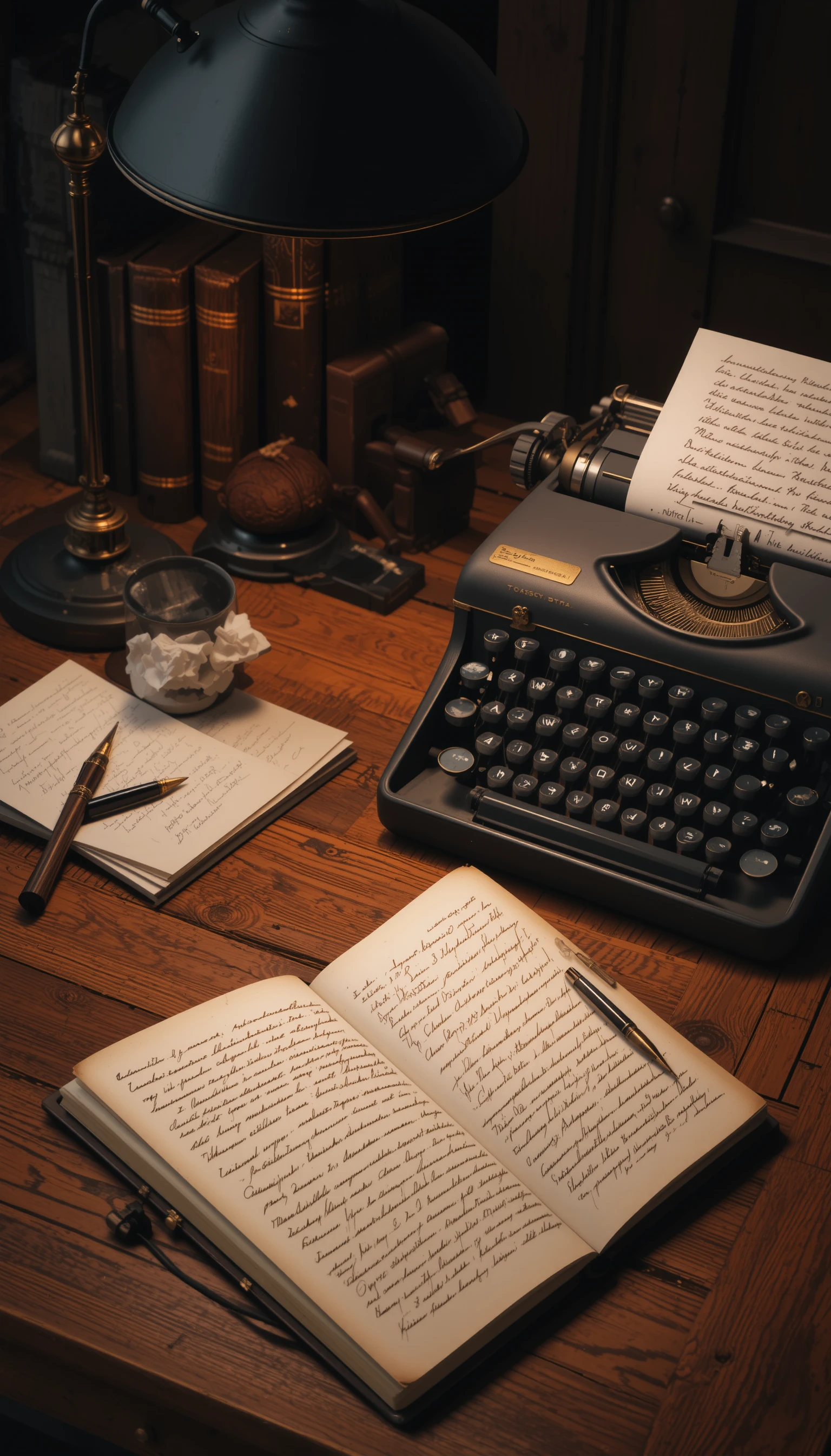 Machine à écrire vintage et carnet sur bureau en bois chaleureux
