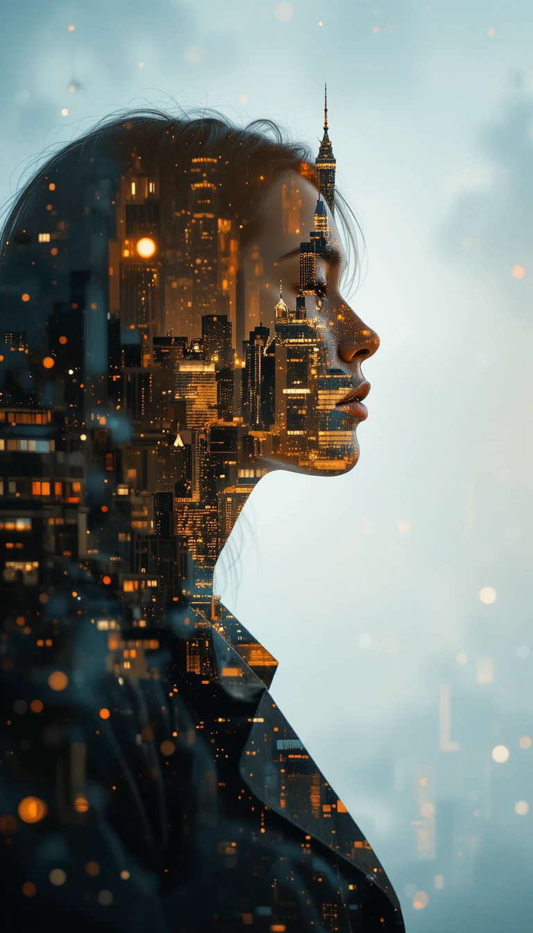 Portrait en double exposition d’une femme avec skyline urbain lumineux