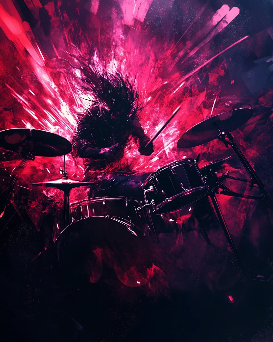Anime drummer performing fiercely under dark red stage lights