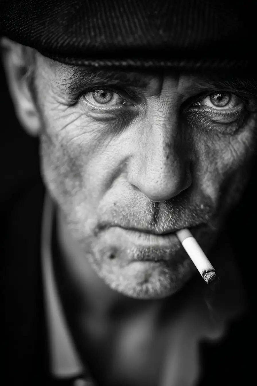 Portrait intense en noir et blanc en gros plan d’un homme en train de fumer