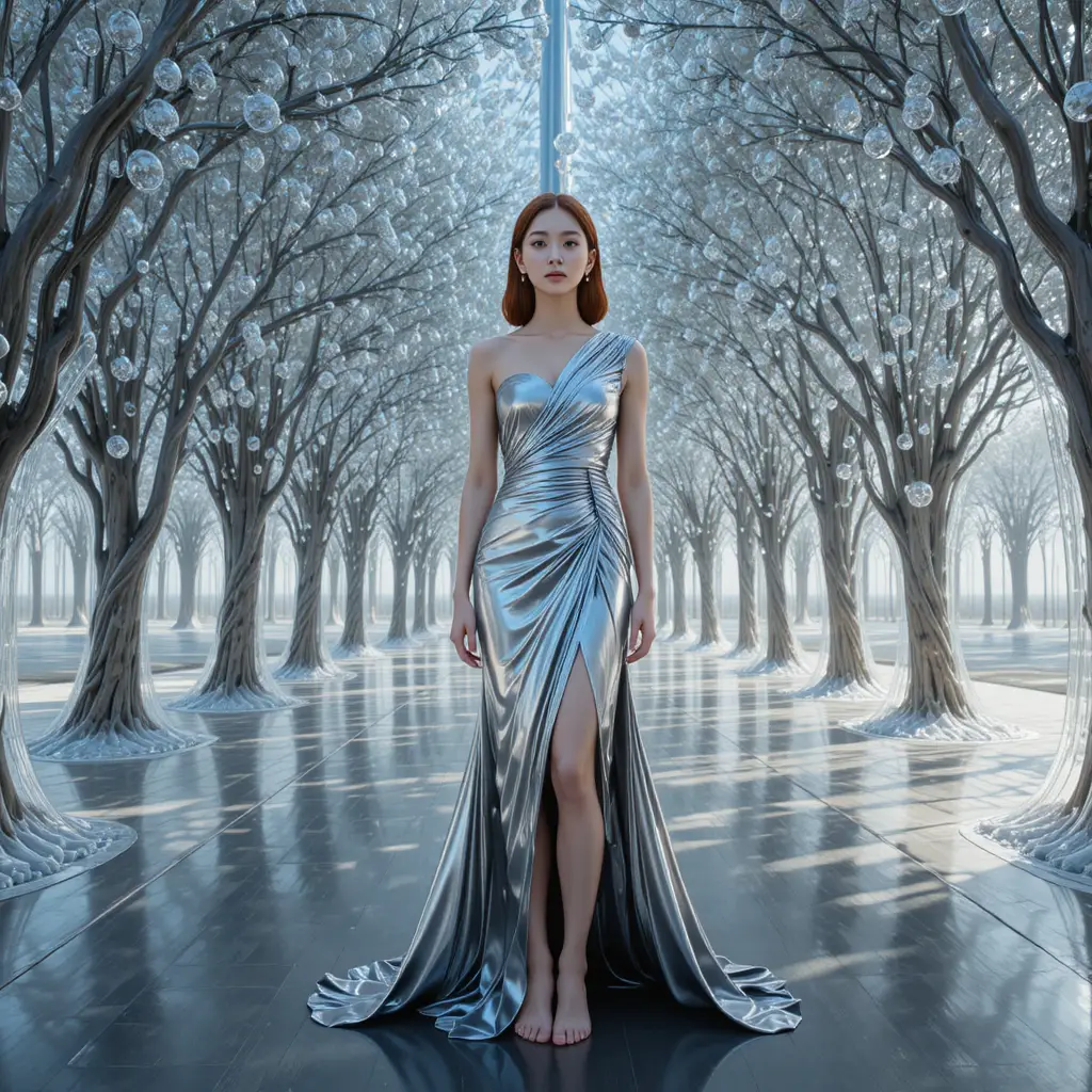 Korean woman in metallic gown under quartz droplet canopy