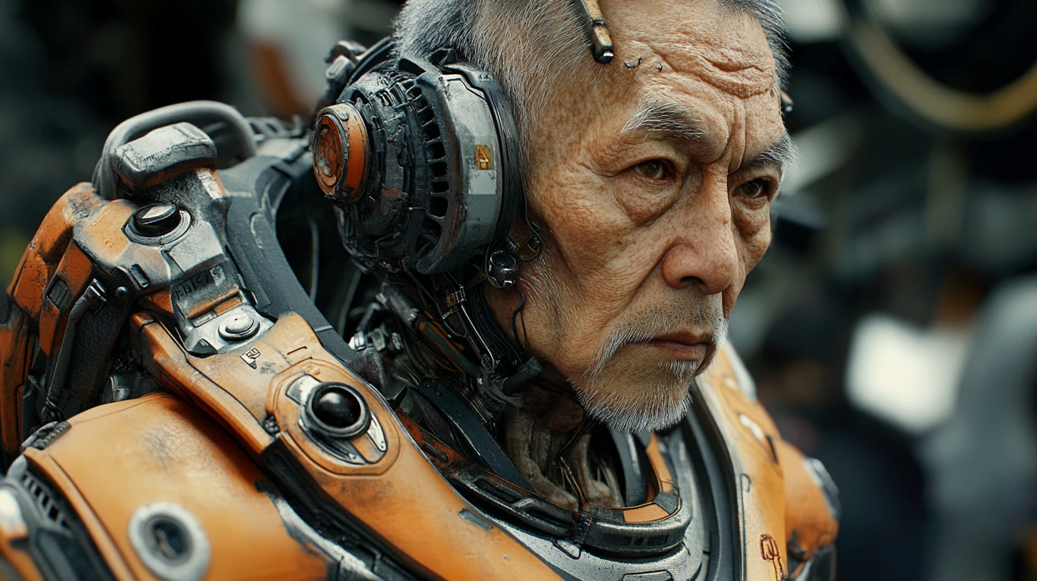 Anziano cyberpunk incanutito con torso meccanico e maschera sul volto