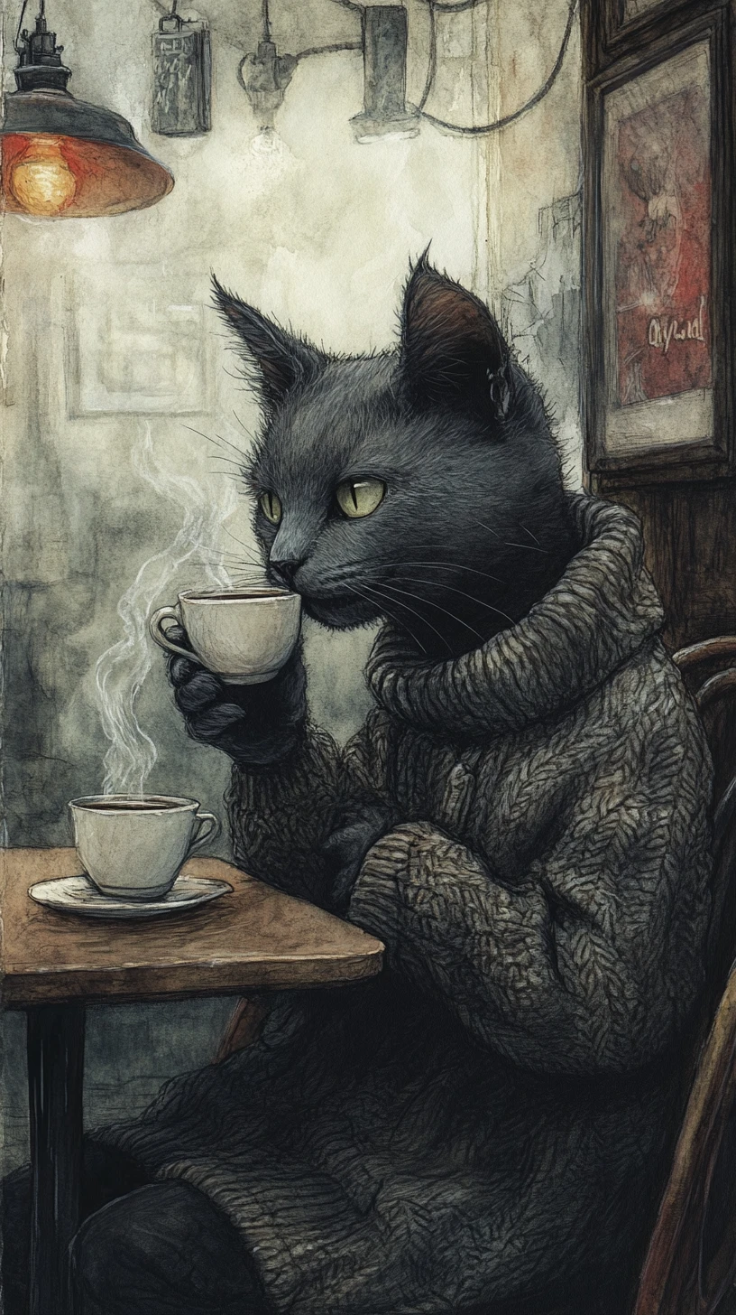 セーターを着たグレーの猫がカフェのテーブルでコーヒーをすするイラスト