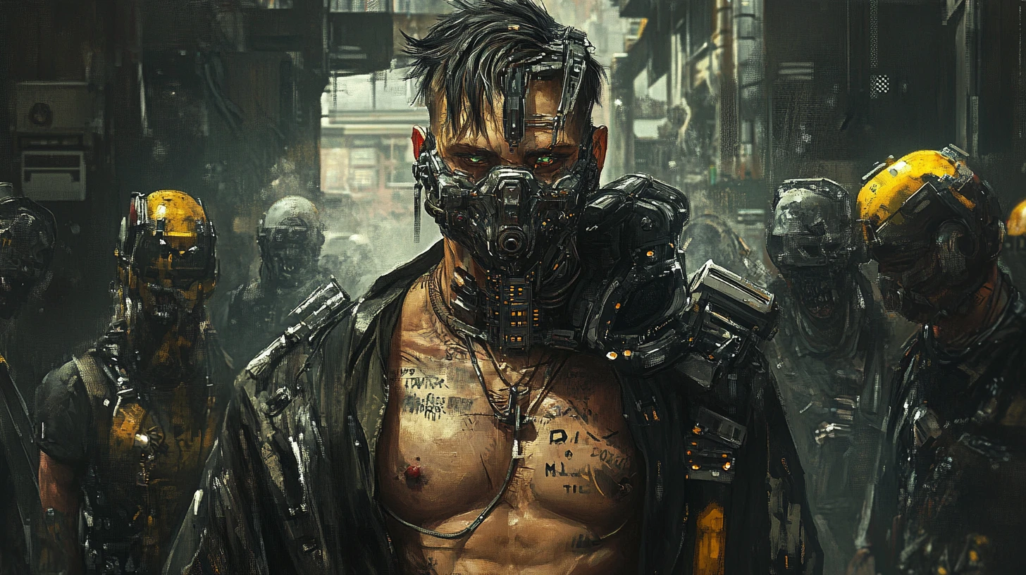 Trabalhador ciborgue com torso mecânico em indústria cyberpunk