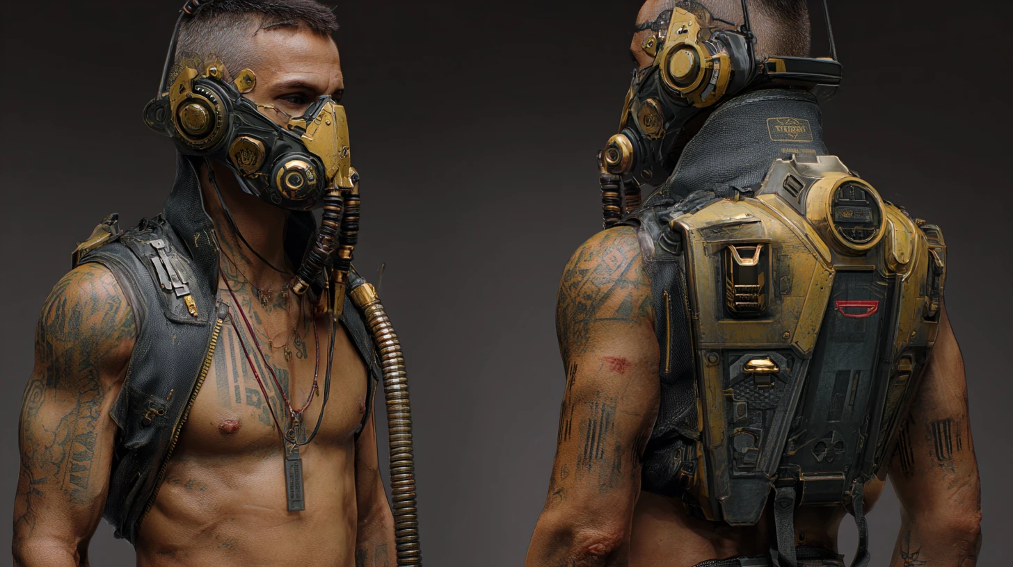 Ciborgue cyberpunk desgastado com torso mecânico e máscara