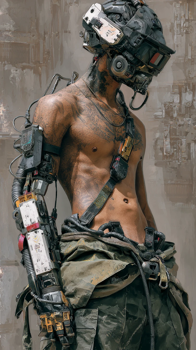 Ciborgue cyberpunk envelhecido com torso mecânico em ruínas da cidade