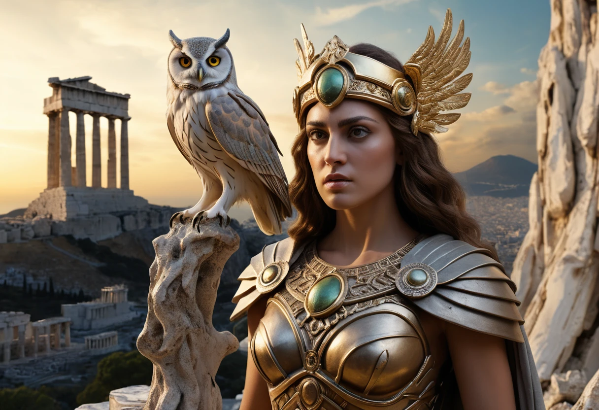 Athena goddess portrait in ancient acropolis ruins at twilight