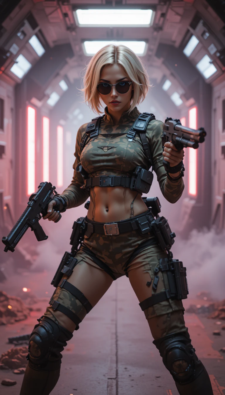 Armed blonde woman in tactical gear in futuristic corridor