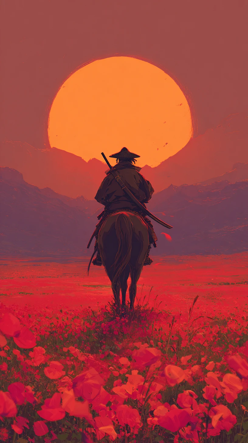 Samurai cavalgando por um campo carmesim de papoulas ao pôr do sol