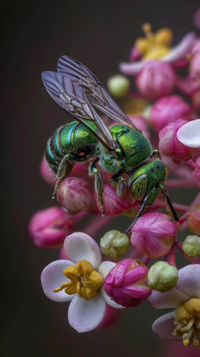 Abeille orchidée en macro sur des fleurs colorées avec fond sombre