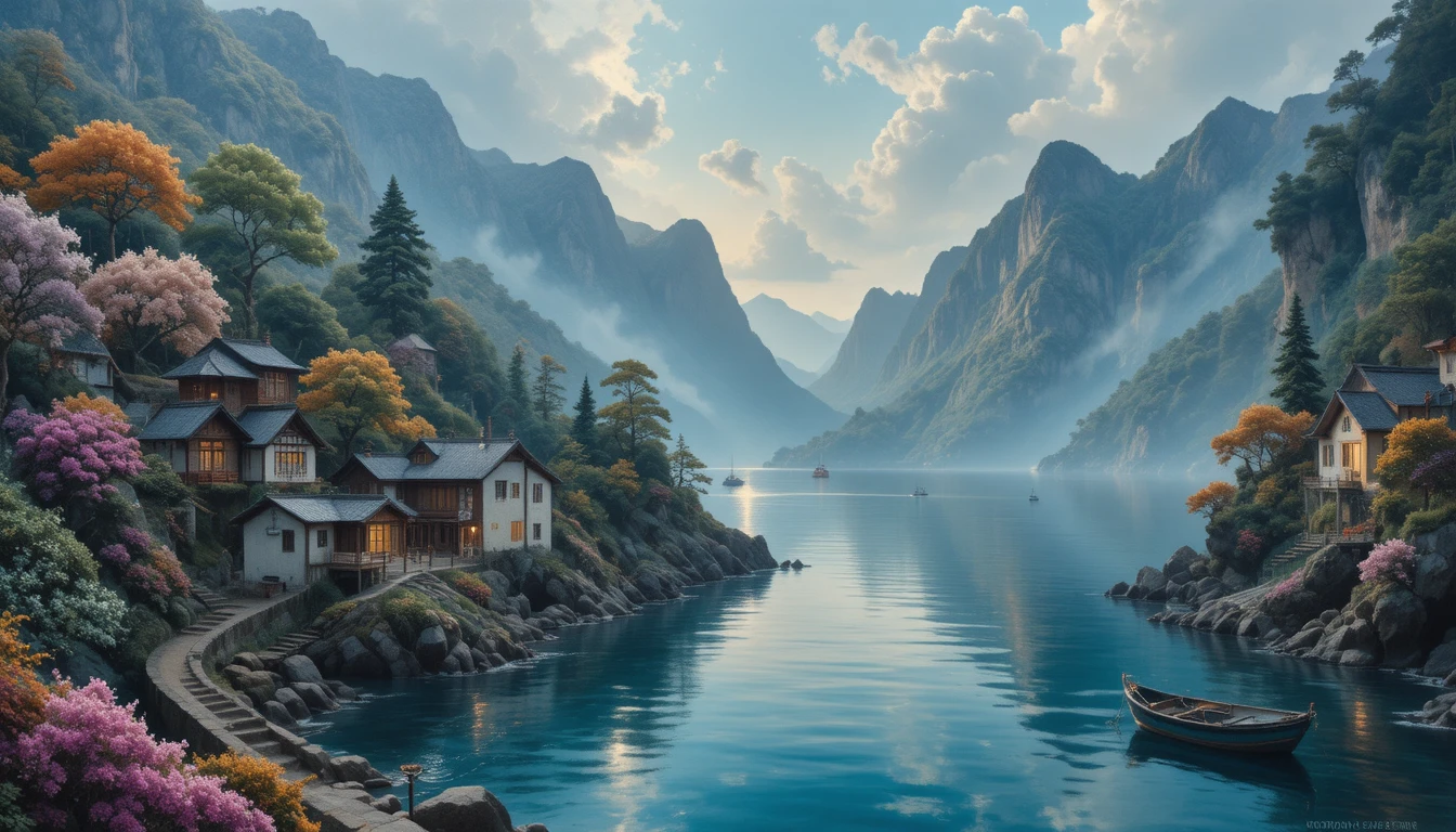 Dreamy impressionist view of a cozy Japanese fishing cove