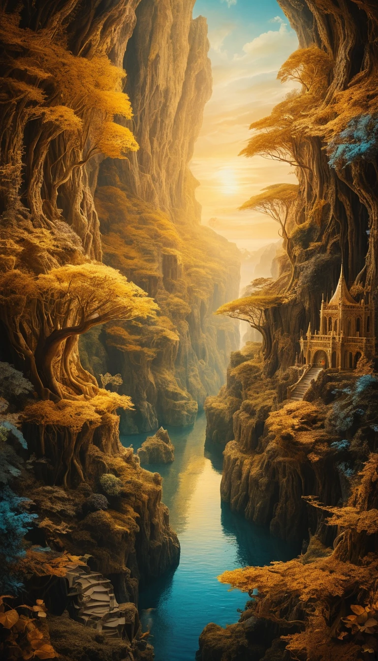 Surreal dreamscape woven with golden light and illusion