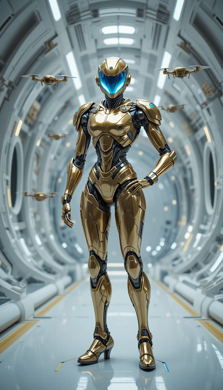 Robô humanoide futurista em armadura dourada com viseira azul
