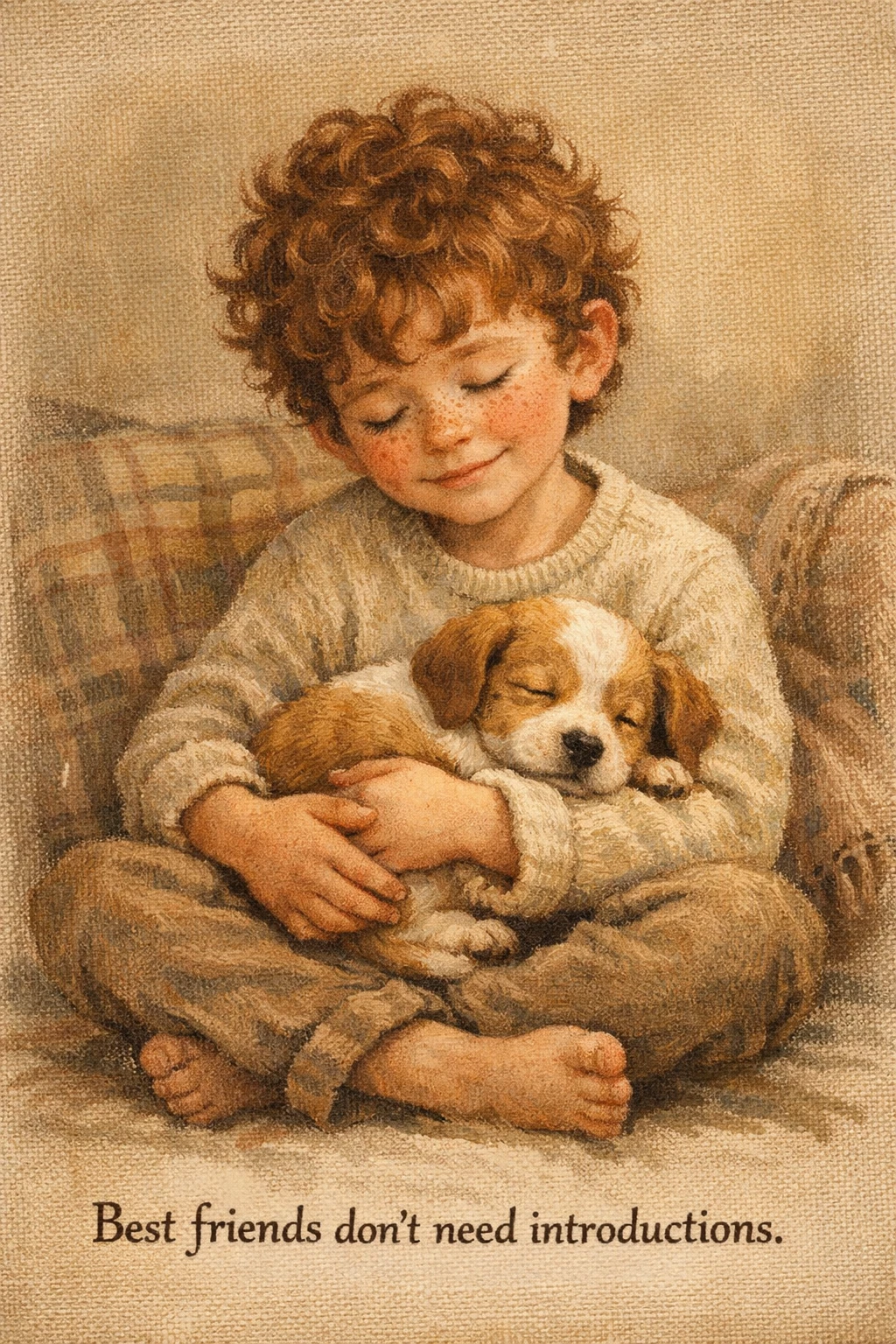 Young boy cuddling a sleepy puppy in cozy illustration
