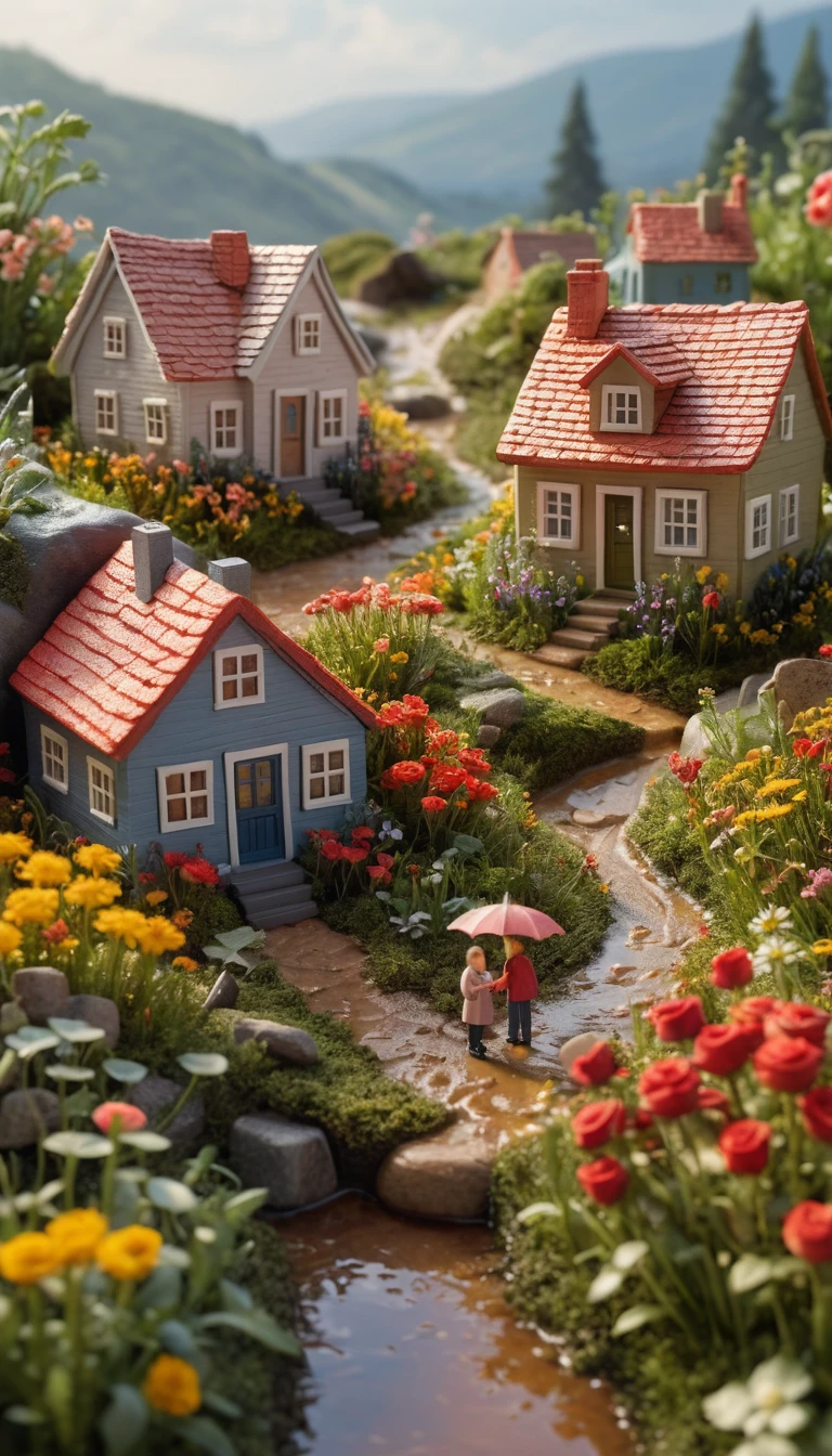 Persone in miniatura che si riparano sotto un gigantesco bouquet di fiori di campo