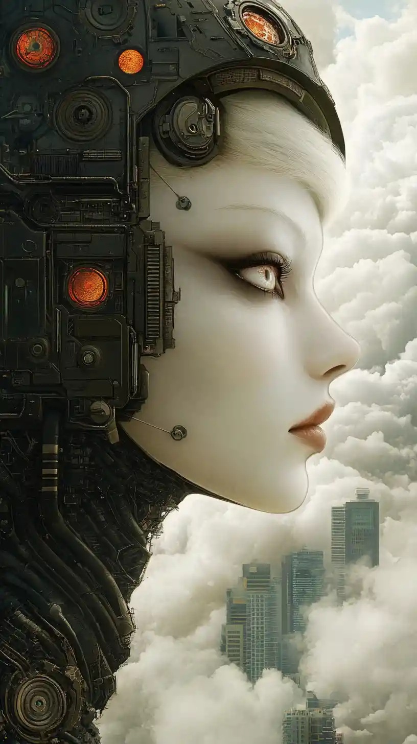 Androgynous woman in a surreal dystopian cityscape