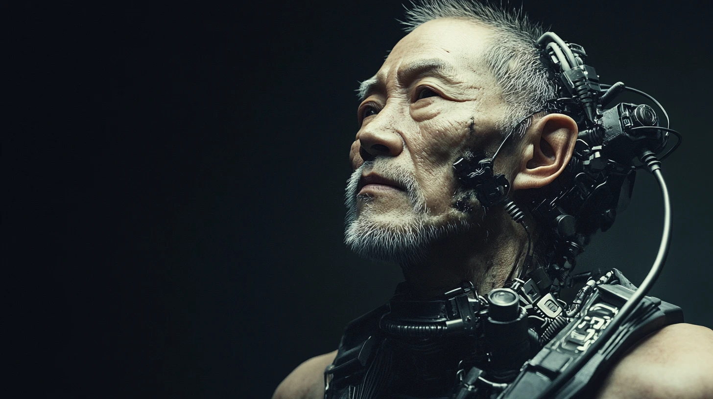 Gezeichneter Cyberpunk-Ältester mit mechanischem Torso und Maske