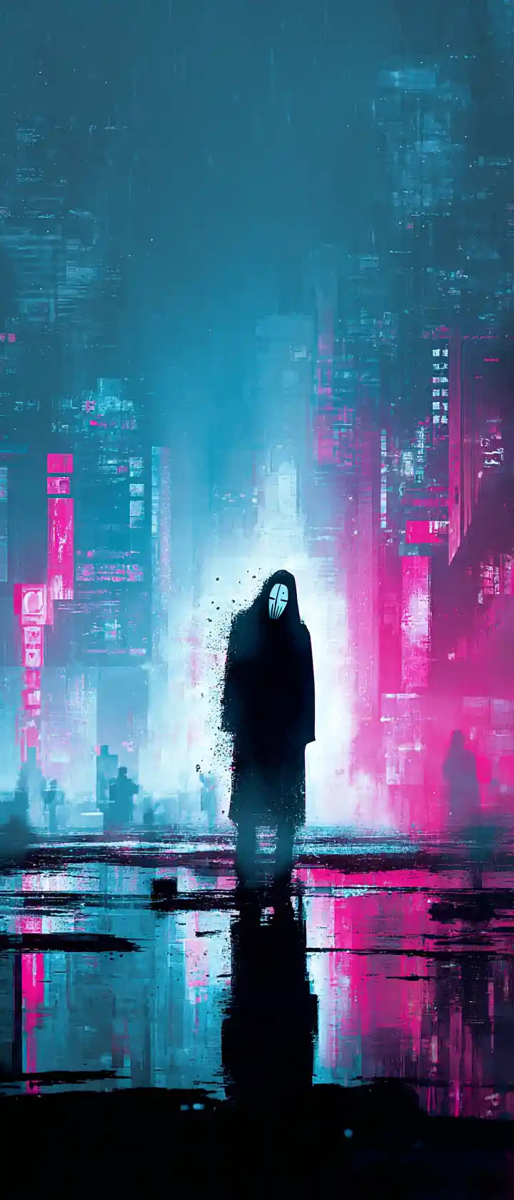 Weeping masked figure dissolving into neon glitch in city rain