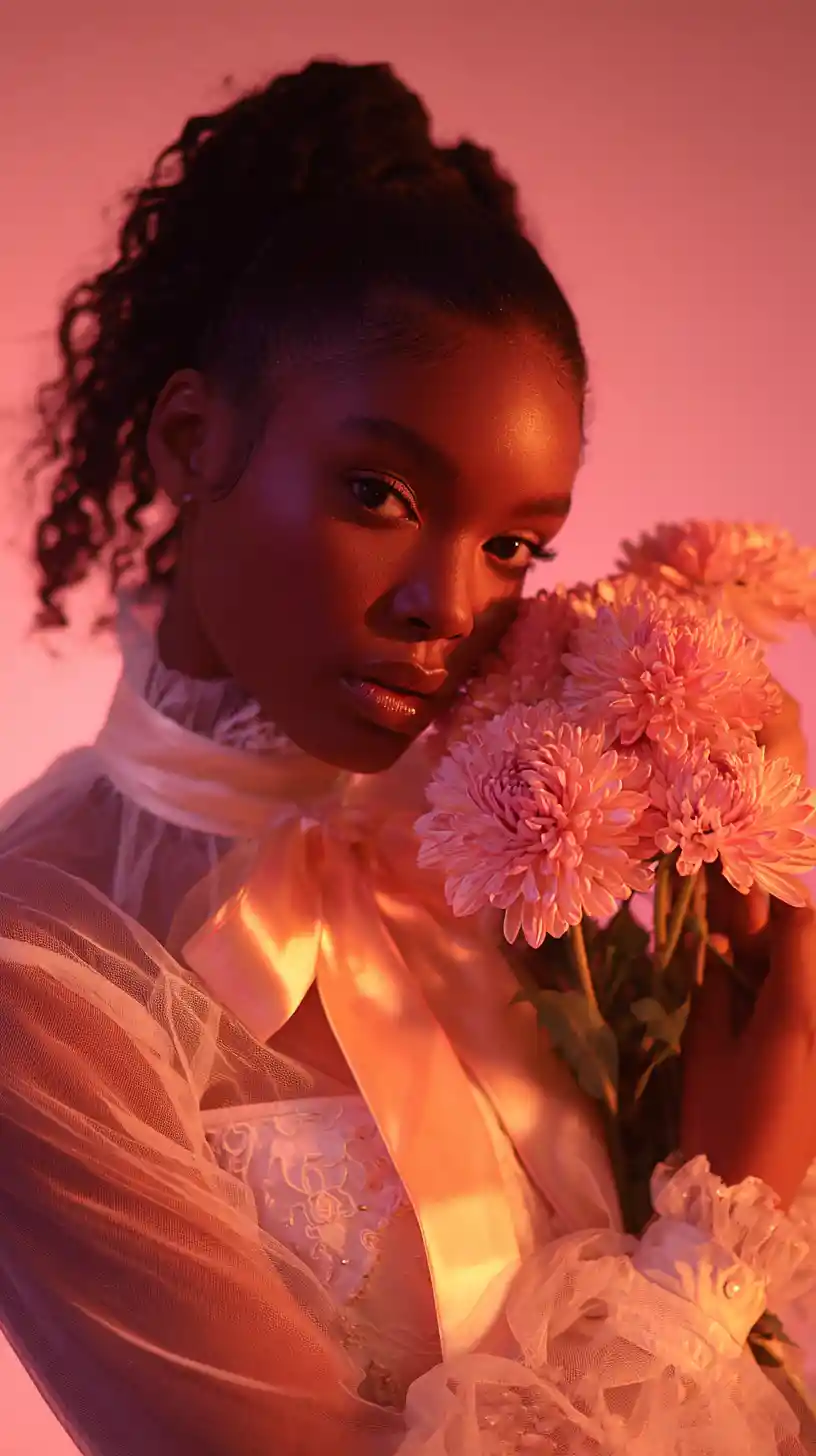 Black woman with flowers in dreamy colored light