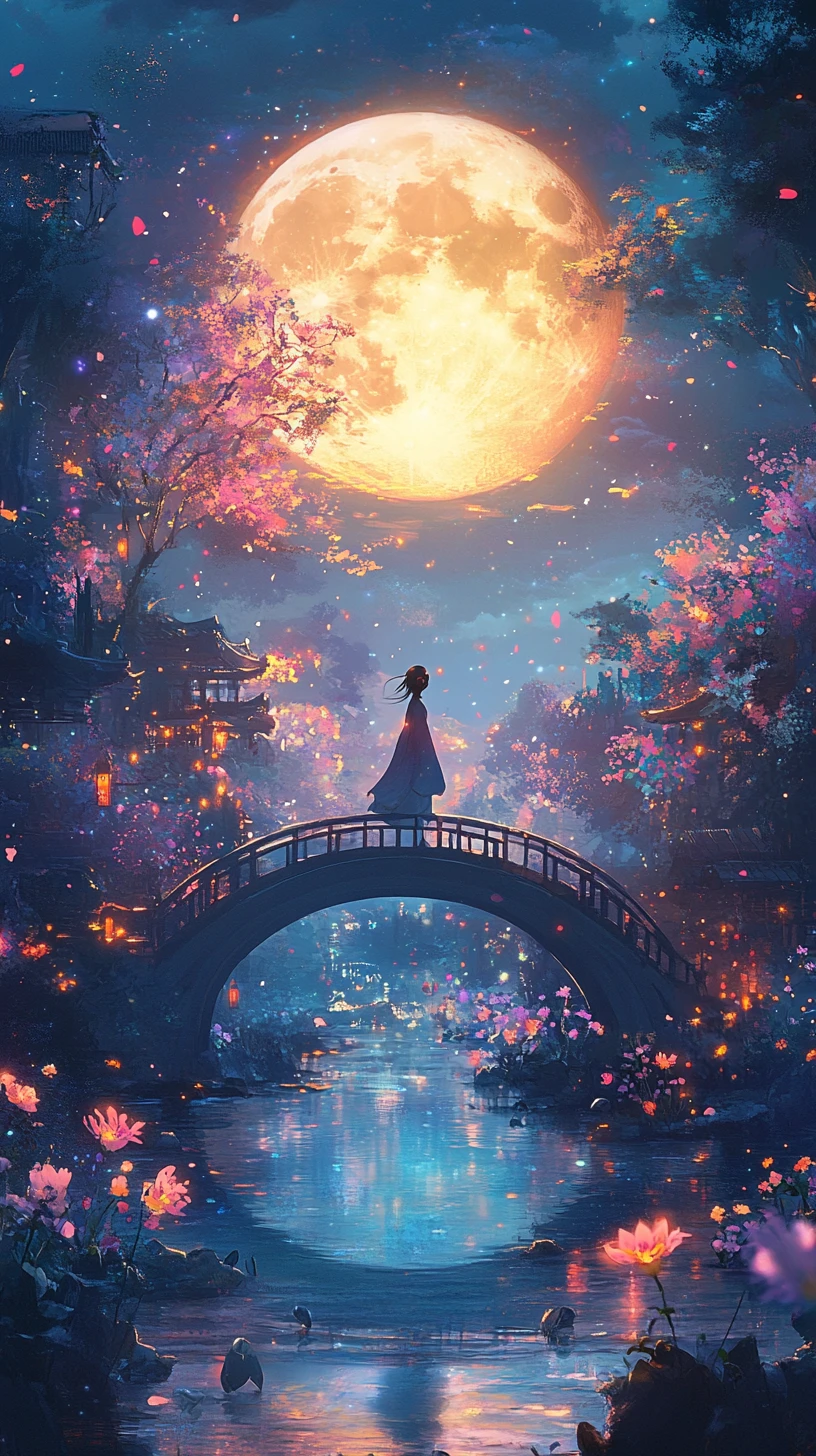 Mulher de hanbok atravessando uma ponte ao luar à noite