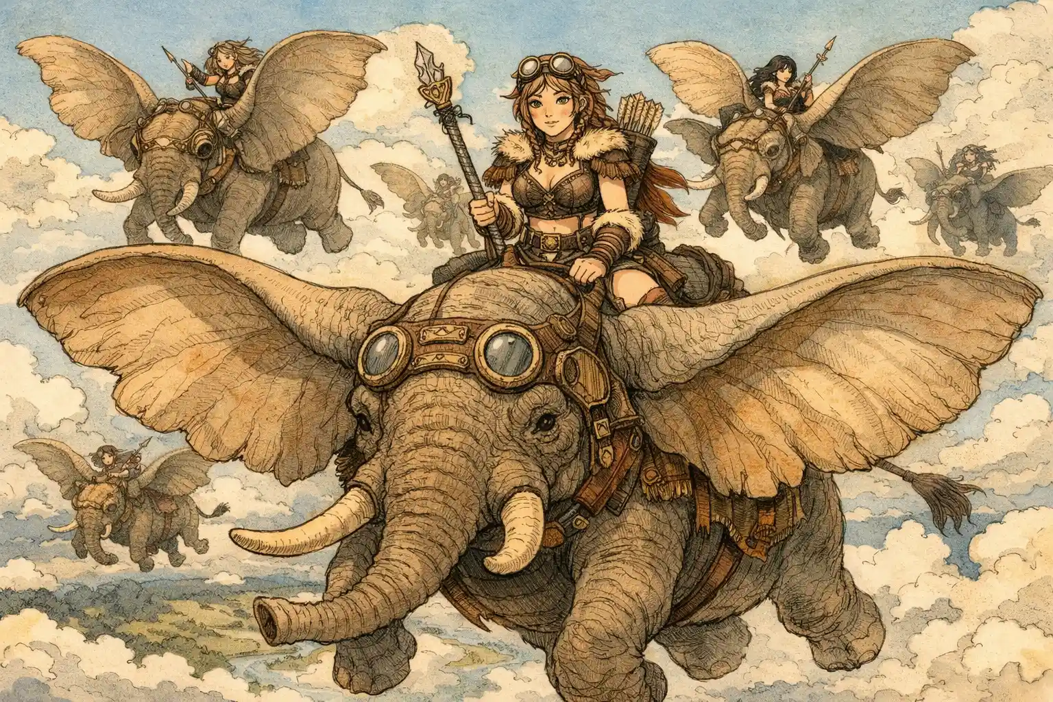 Guerrière steampunk chevauchant un éléphant d’Afrique volant