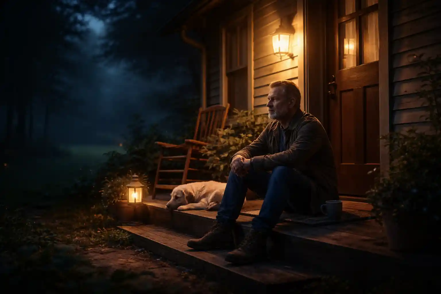 Man Sitting On A Quiet Porch Under Soft Night Light