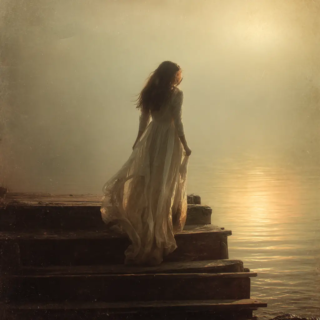 Femme mystérieuse sur un escalier au bord d’un lac paisible
