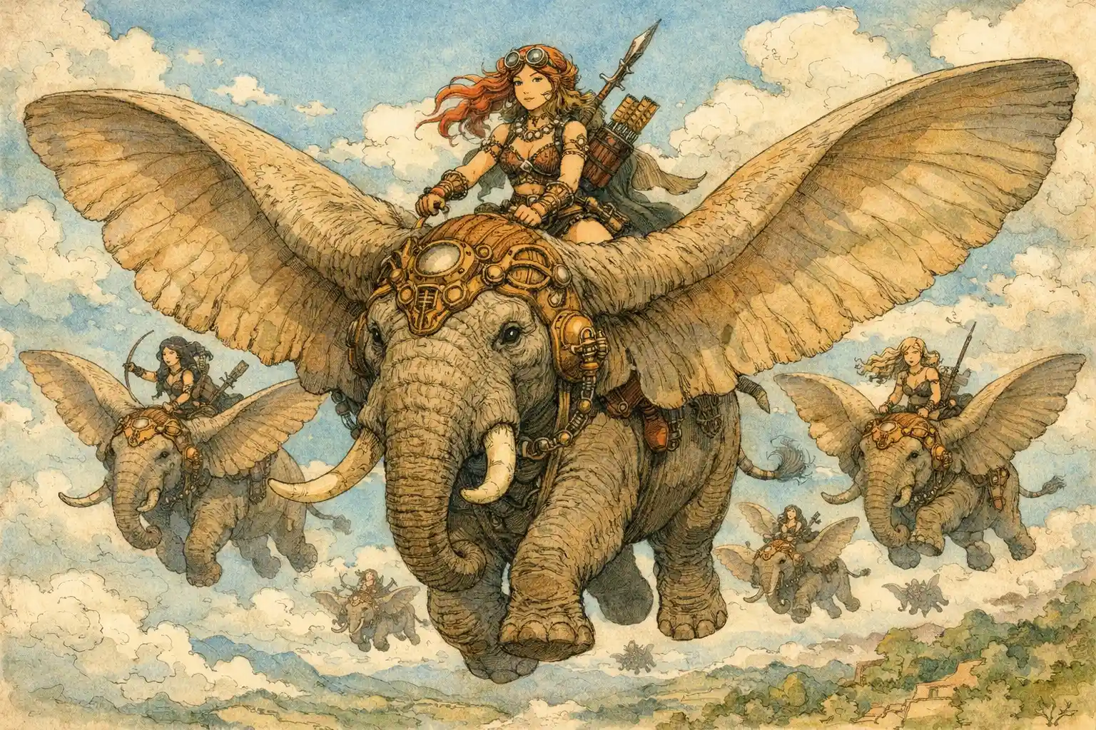 Garota bárbara steampunk montando um elefante africano voador