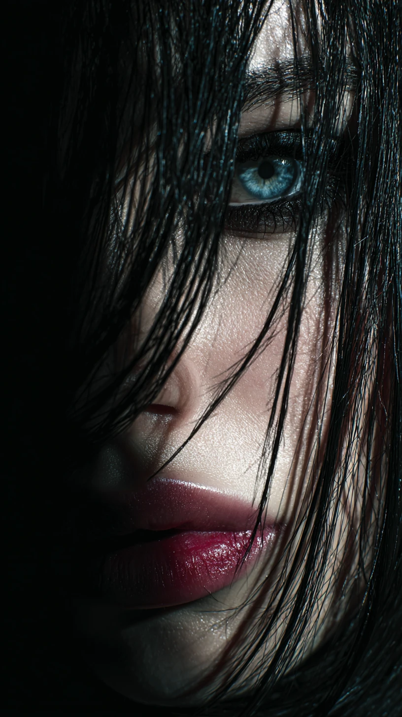 Mulher gótica em chiaroscuro com olhos azuis penetrantes