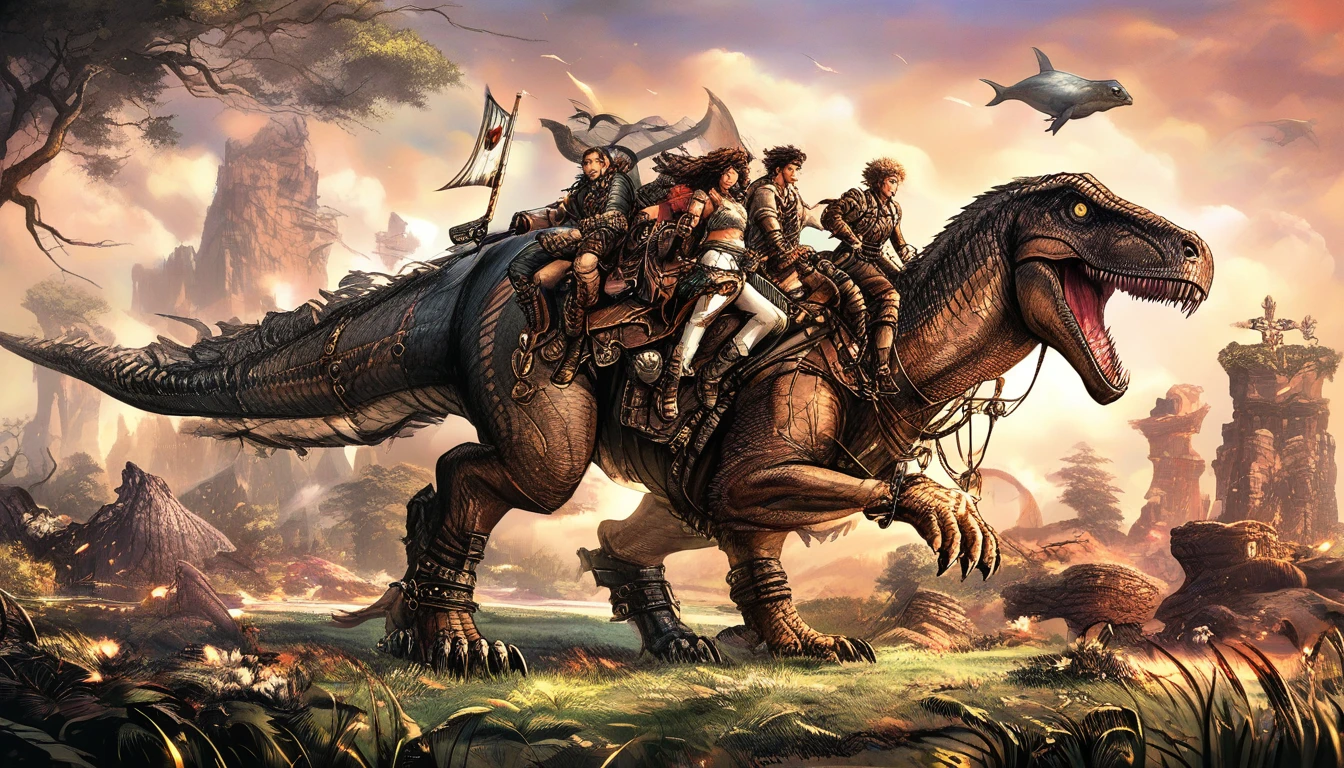 Steampunk warrior woman riding a dinosaur into battle