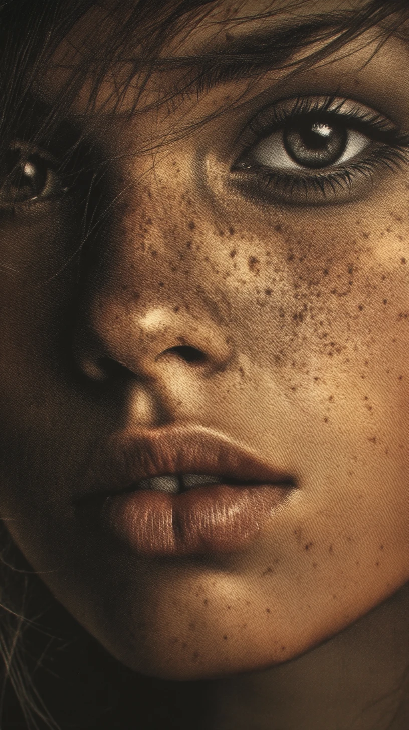 Retrato en primer plano de una mujer con pecas en estilo carbón