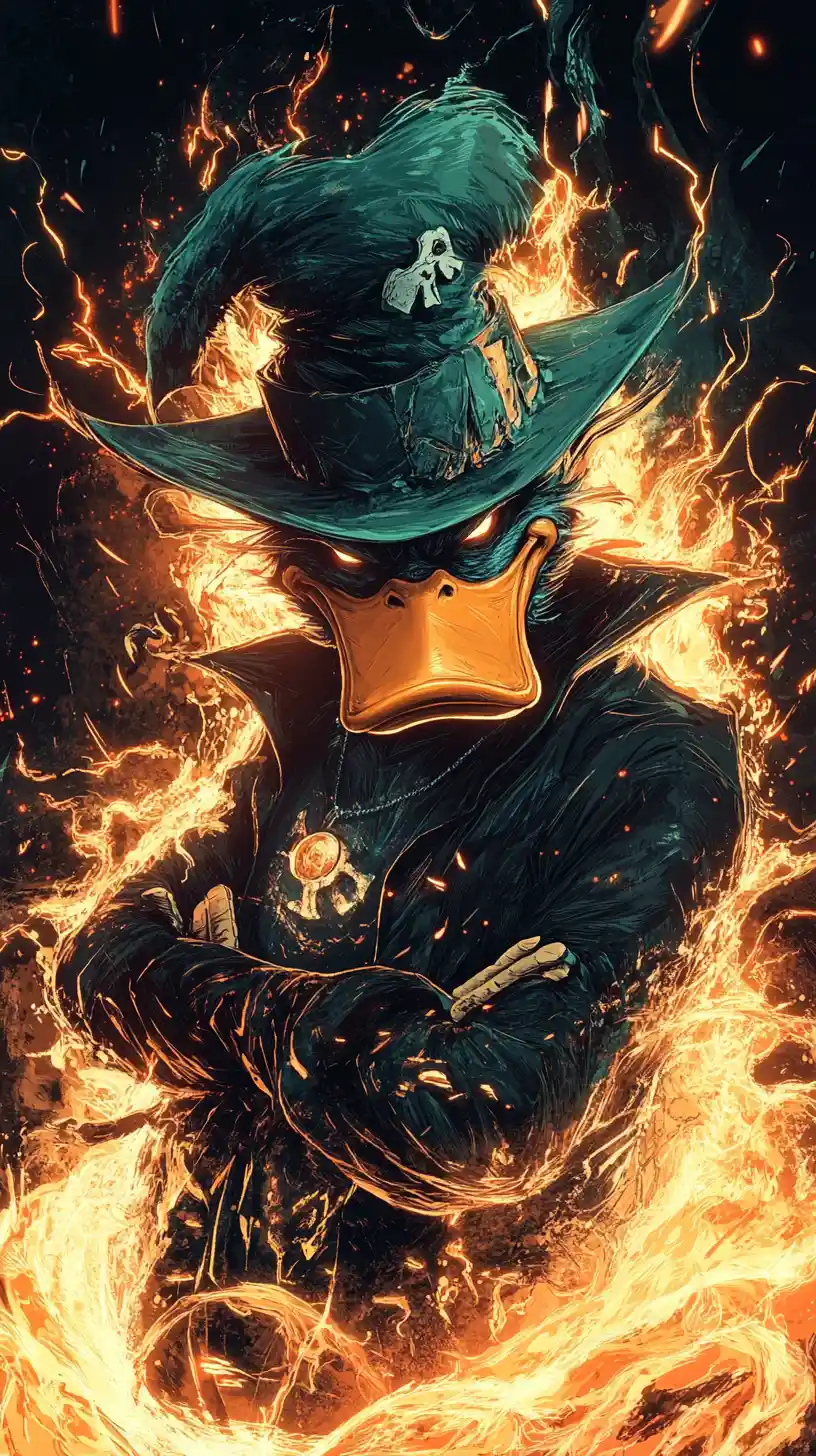 Teal Duck Titan Rises From Molten Metal Foundry