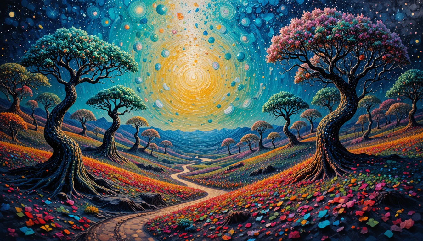 Surreal kaleidoscopic dreamscape with melting abstract landscape