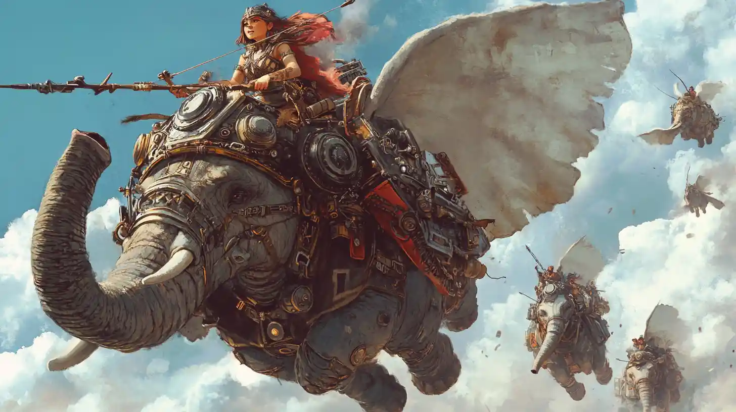 Steampunk barbarian girl riding a flying African elephant